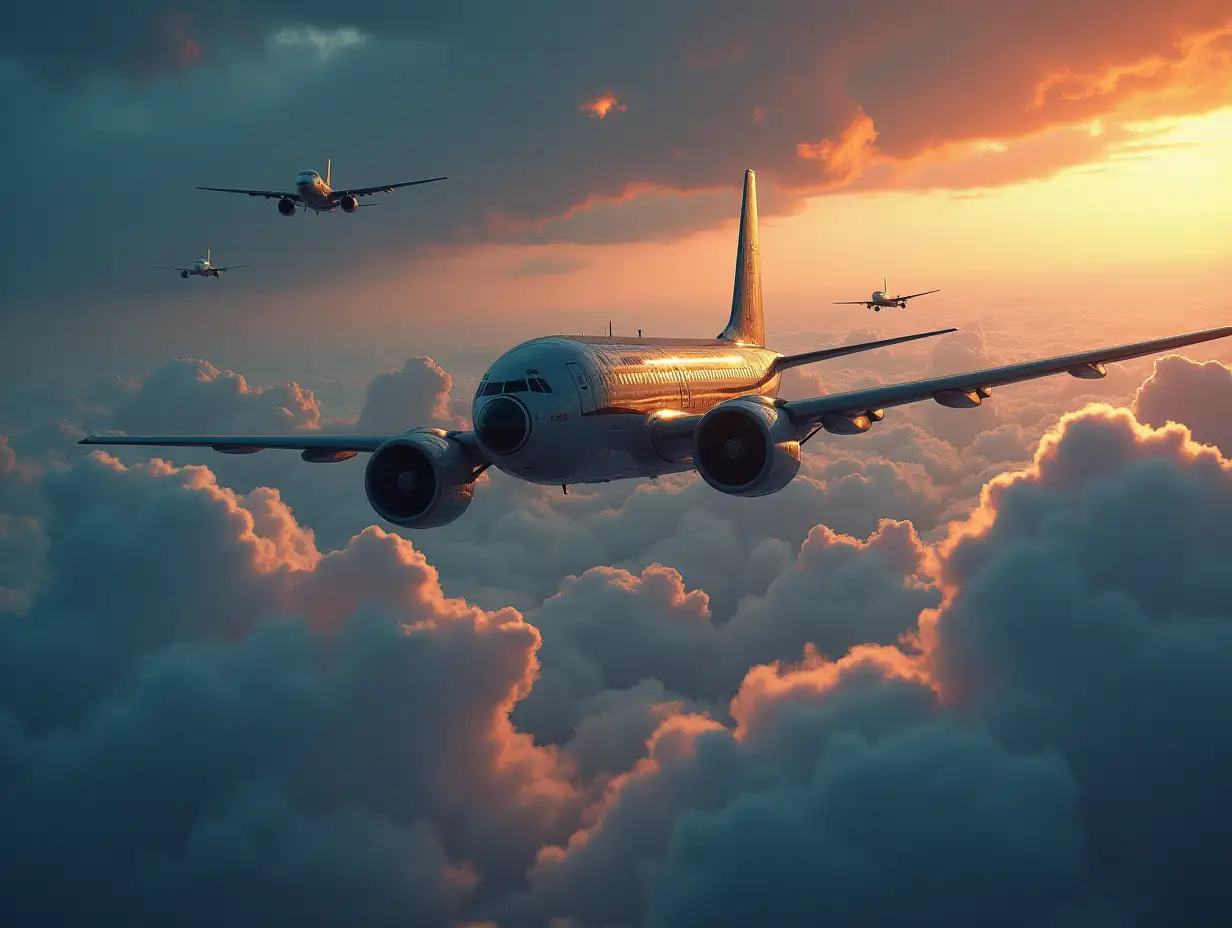 ultradetailed hyperrealistic portrait of an old airplane over the clouds and airplanes on the clouds with strange lights and elaborately detailed, colorful