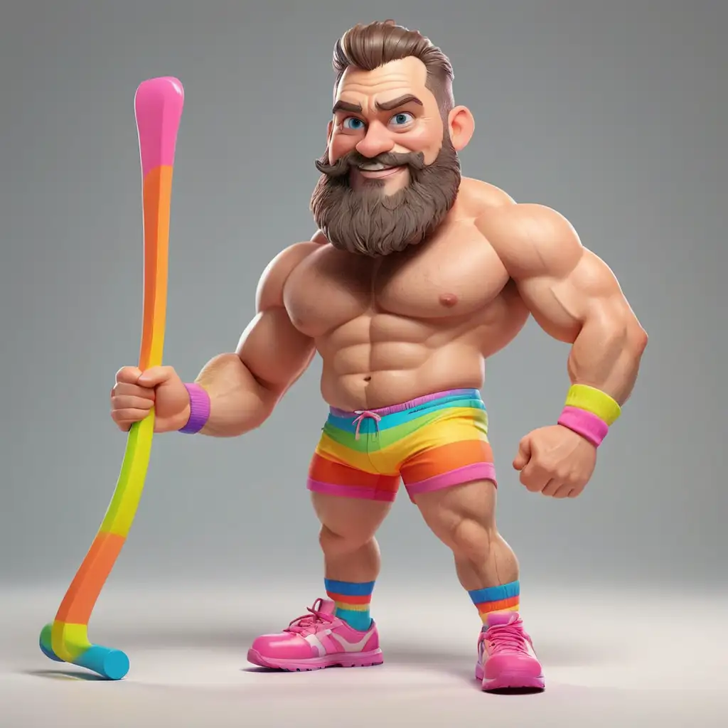 Fun Daddy with Beard Flexing his Big Strong Arm Wearing MultiHighlighter Bright Rainbow Coloured  short shorts, colorful socks and pink shoes with toy plastic skis, posing like a rockstar, whole body, 3D modern cartoon style, pixar style, chibi, 3d rendered, detailed