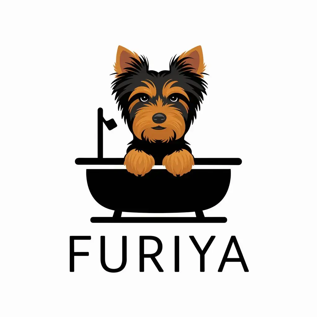 a vector logo design,with the text "Furiya ", main symbol:A black Yorkshire terrier in a bath,Moderate,be used in Grooming industry,clear background