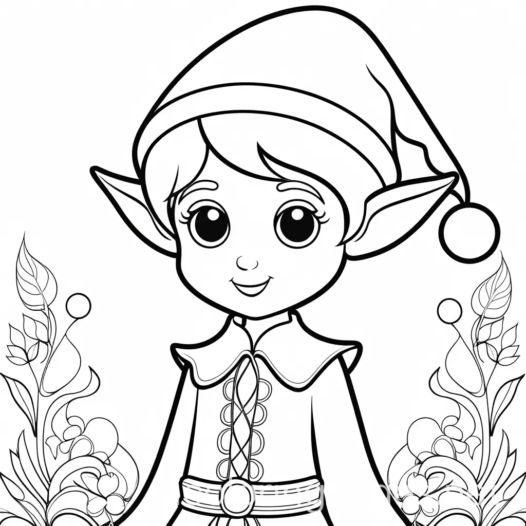 Elf, Coloring Page, black and white, line art, white background, Simplicity, Ample White Space. The background of the coloring page is plain white to make it easy for young children to color within the lines. The outlines of all the subjects are easy to distinguish, making it simple for kids to color without too much difficulty