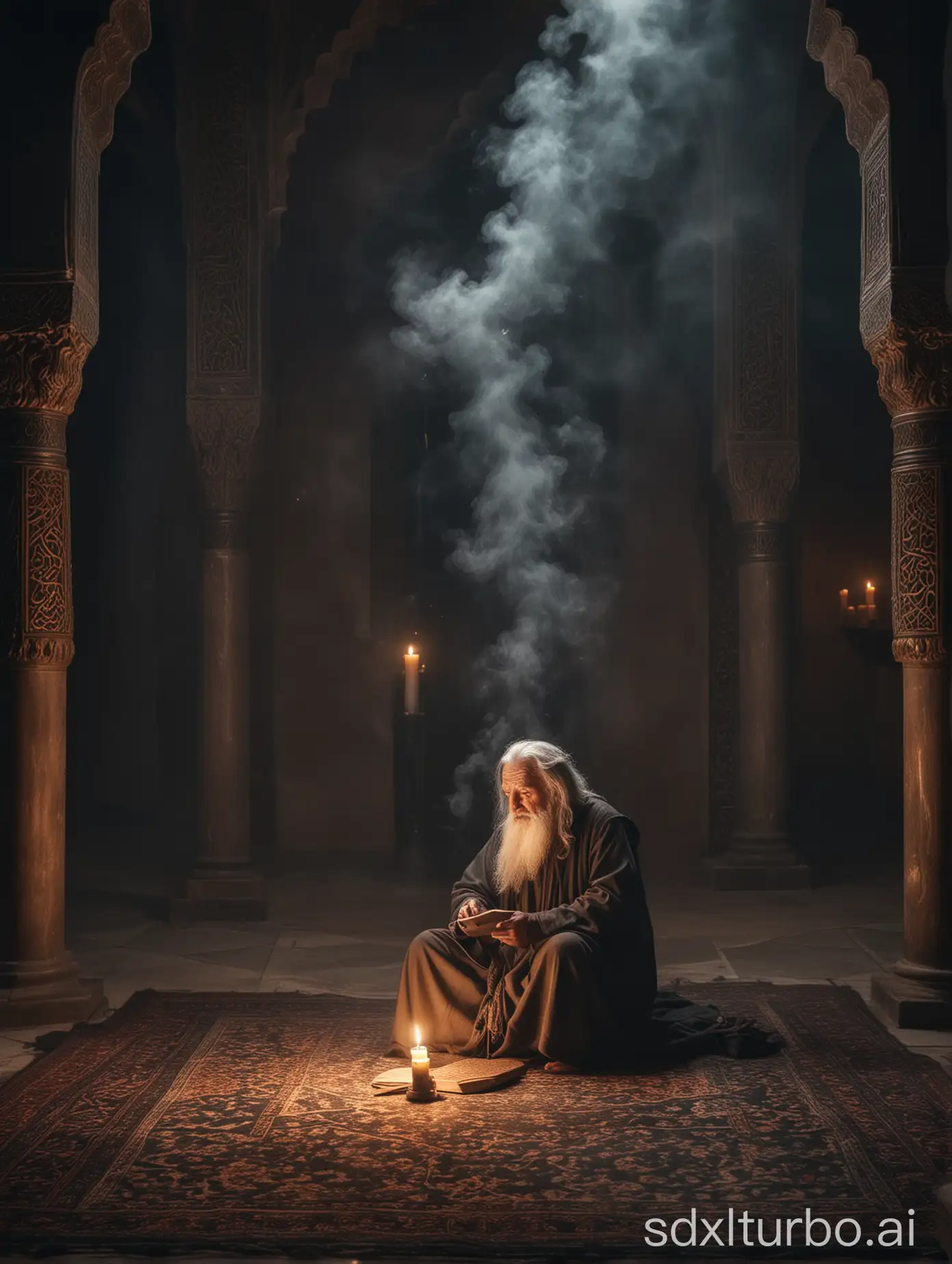 Medieval-Old-Man-Reciting-Quran-in-Dark-Mosque-with-Floating-Candle-Smoke