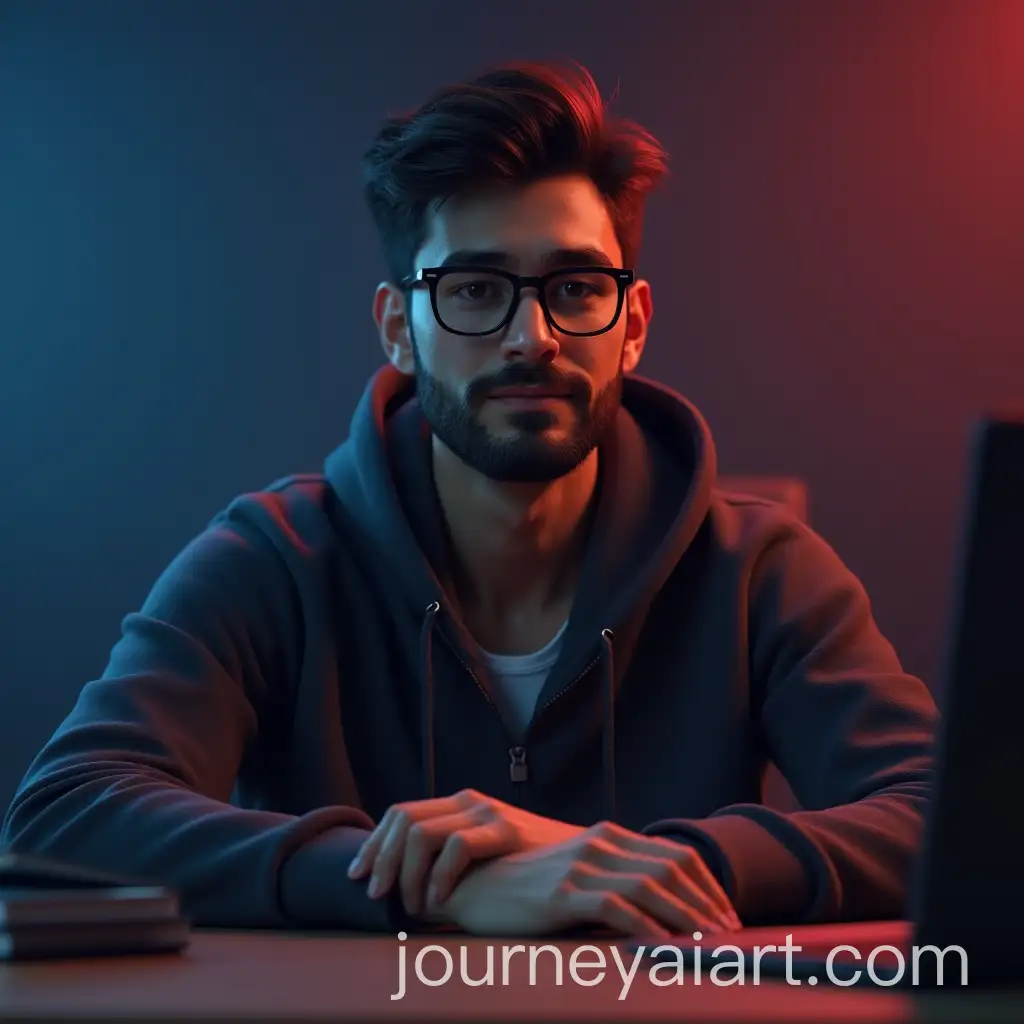 Confident-American-Speaker-in-Dimly-Lit-Studio-with-Laptop