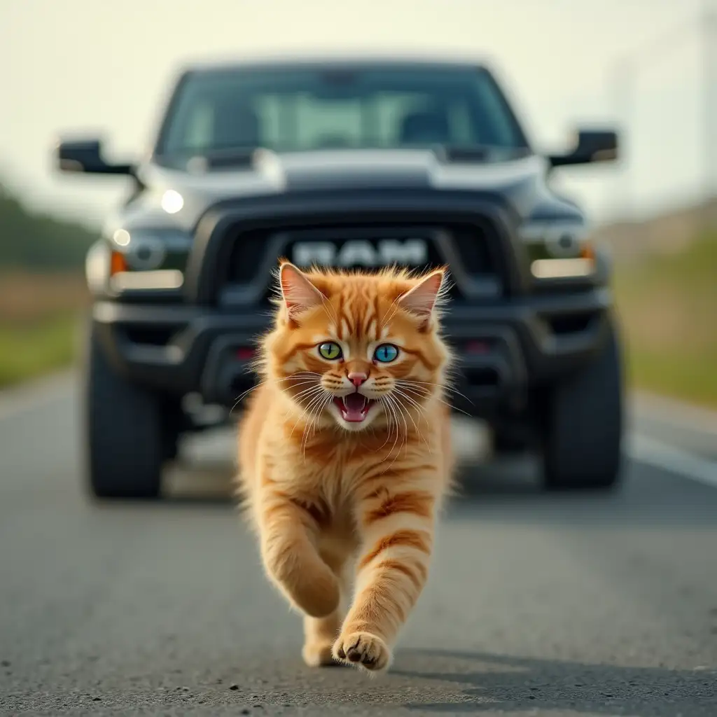 A fluffy ginger cat, runs in terror along the road, one eye blue, the other yellow, a large black RAM TRX car is chasing him