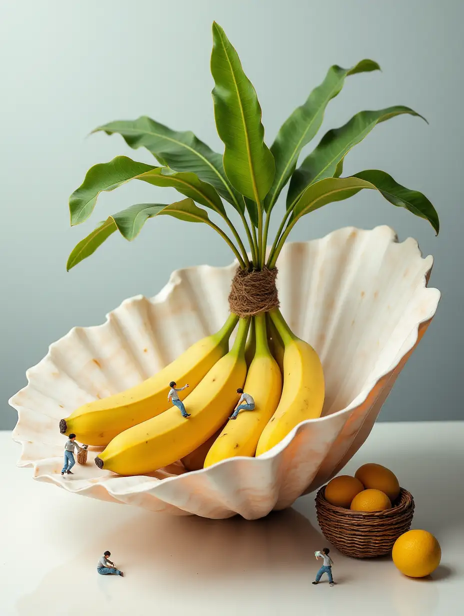 A large beautiful mother-of-pearl sea shell with little banana trees growing in it tiny humans gather them in woven baskets next to the sea shell on the table lay juicy pretty real bananas photo double exposure overlay surrealism conceptualism conceptual photo