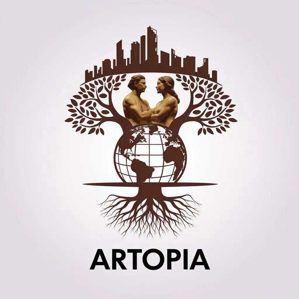 a vector logo design,with the text "Artopia", main symbol:About a globe the statues of a South American indigenous man and woman, Andean naked, who think of a beautifully utopian city and look at each other, around there is a large tree whose branches seem to form a future city and its roots with human hand shape are inserted deep into the earth,Minimalistic,be used in Construction industry,clear background