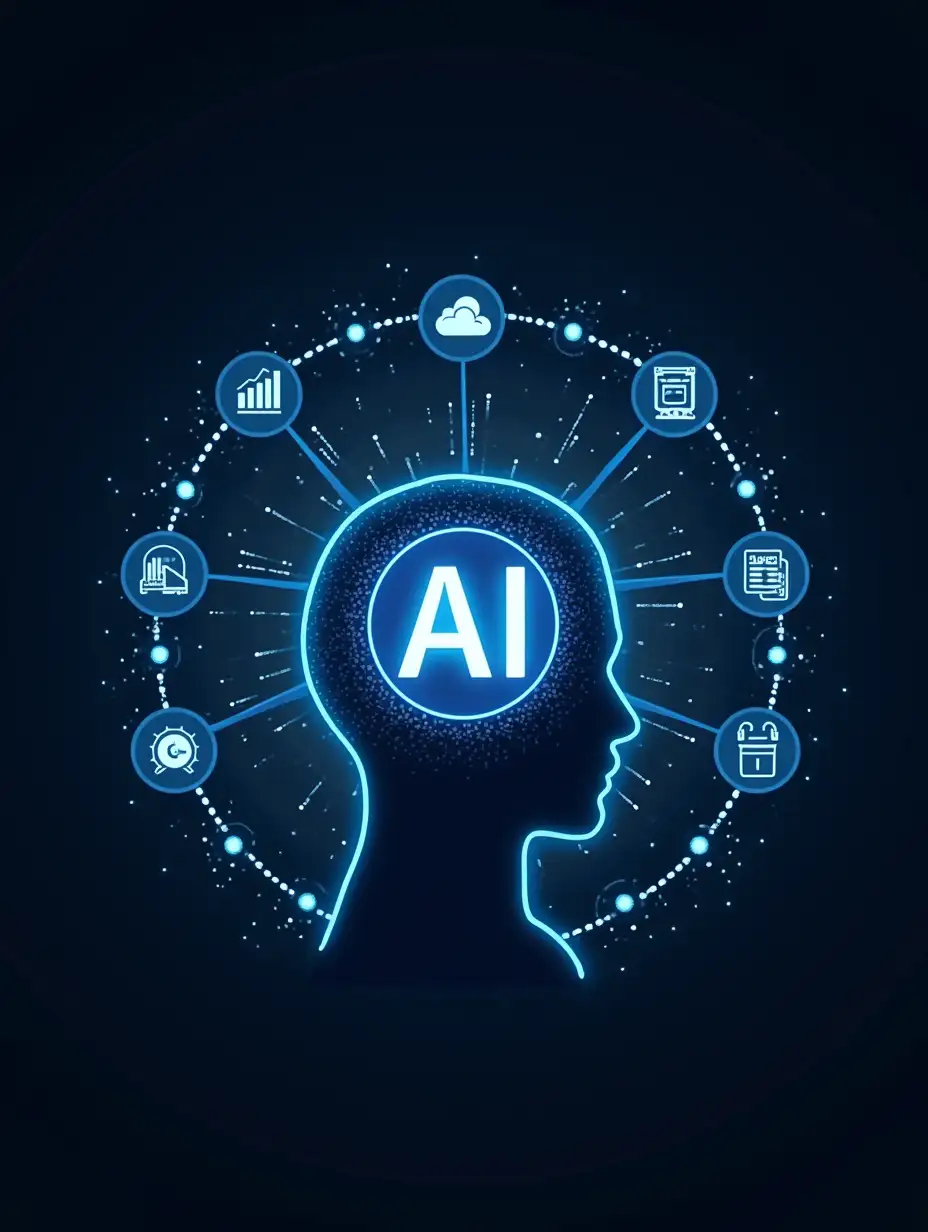 A high-tech digital interface illustrating the concept of artificial intelligence (AI) and its integration with modern technology. At the center of the composition, a glowing AI icon is embedded within a human head silhouette, symbolizing machine learning, deep learning, and cognitive computing. Surrounding this central AI symbol is a network of interconnected futuristic icons representing key technological elements, including data analytics, cloud computing, automation, cybersecurity, artificial neural networks, blockchain, and communication systems. The entire interface is overlaid with a complex web of glowing blue lines, connecting these elements in a way that mimics a neural network or digital ecosystem.