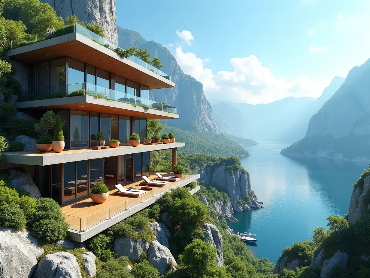 Create a futuristic multi-story house with large terrace with many big flower pots made of much glass,triangular and wood lies on the mountain peak, many plants, waterfall, trees, blue sky, bright environment, mountains, clear water and a yacht in the background, colorful 8k quality 180 degree shots