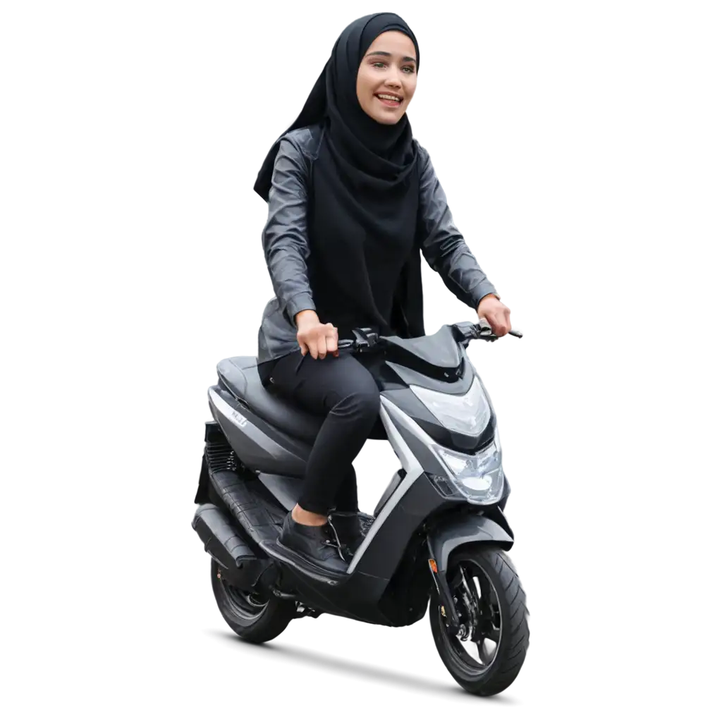 Young-Woman-in-Hijab-Laughing-Freely-While-Riding-Yamaha-NMAX-HighQuality-PNG-Image-for-Versatile-Use