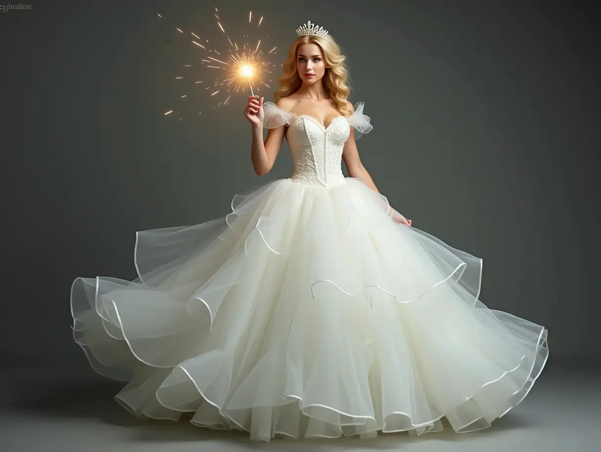 a blonde woman wearing a beautiful white princess dress, the skirt with lots of flounce and lace. Glass shoes. Very realistic and with a diadem on her head. Full body photograph. She raises her hand with a magic wand that shoots rays.