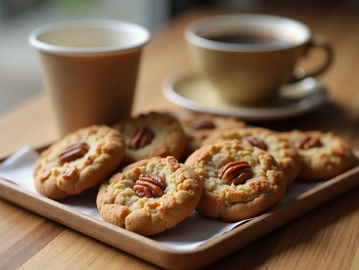 cookies with nut crumbs on a tray, coffee in a paper cup, a laughing