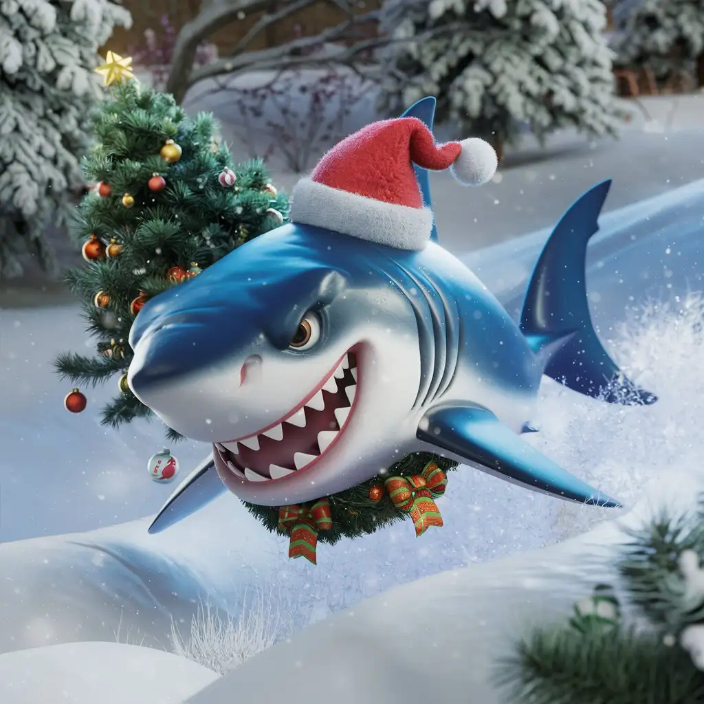 Aggressive-Shark-in-Front-of-Snowy-New-Years-Scene