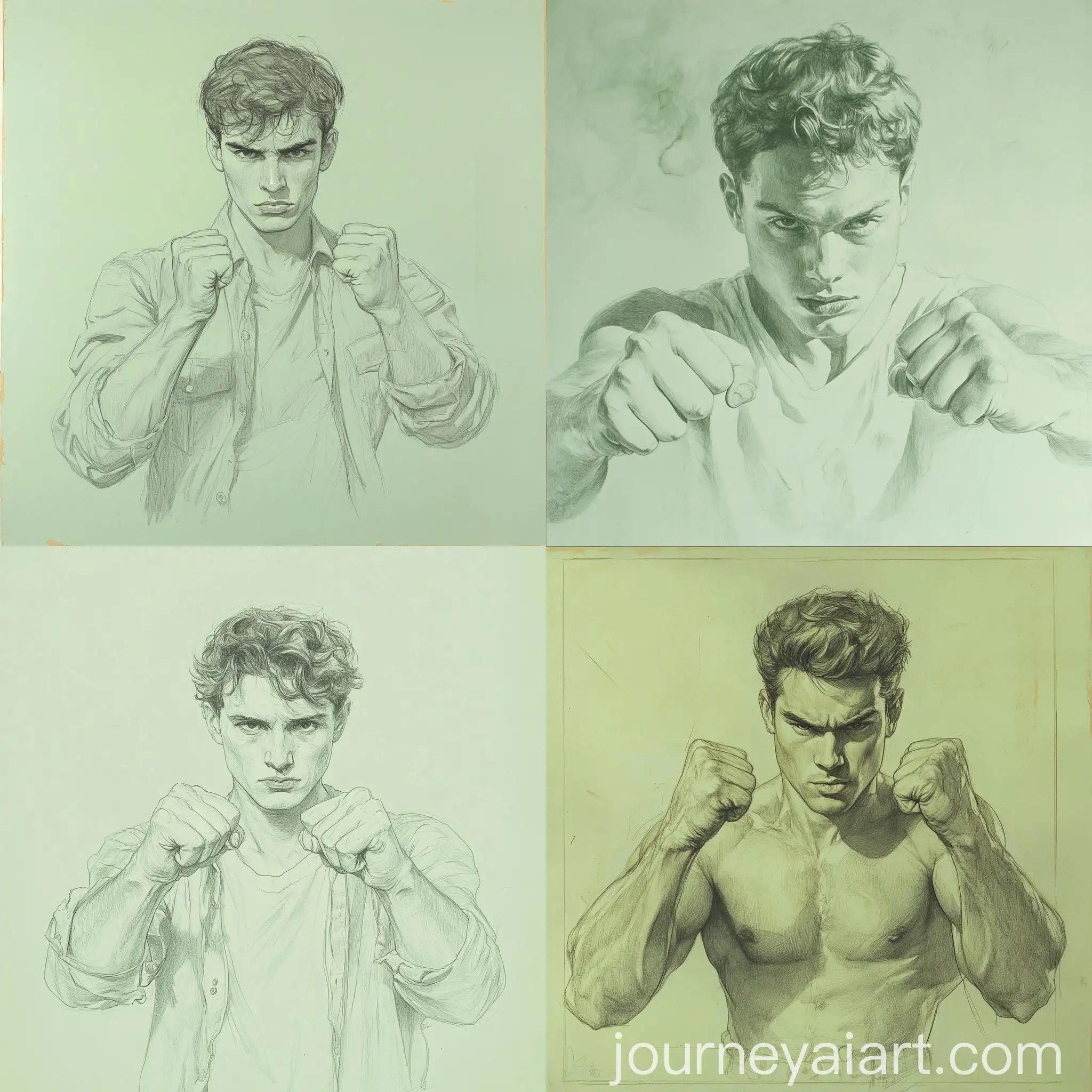 Young-Man-Celebrating-with-Pumped-Fists-Pencil-Drawing-on-Pale-Green-Background