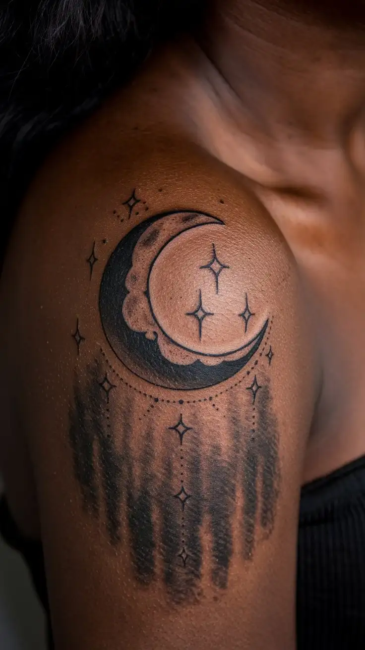 CloseUp-of-Black-Womans-Shoulder-with-Crescent-Moon-and-Stars-Tattoo