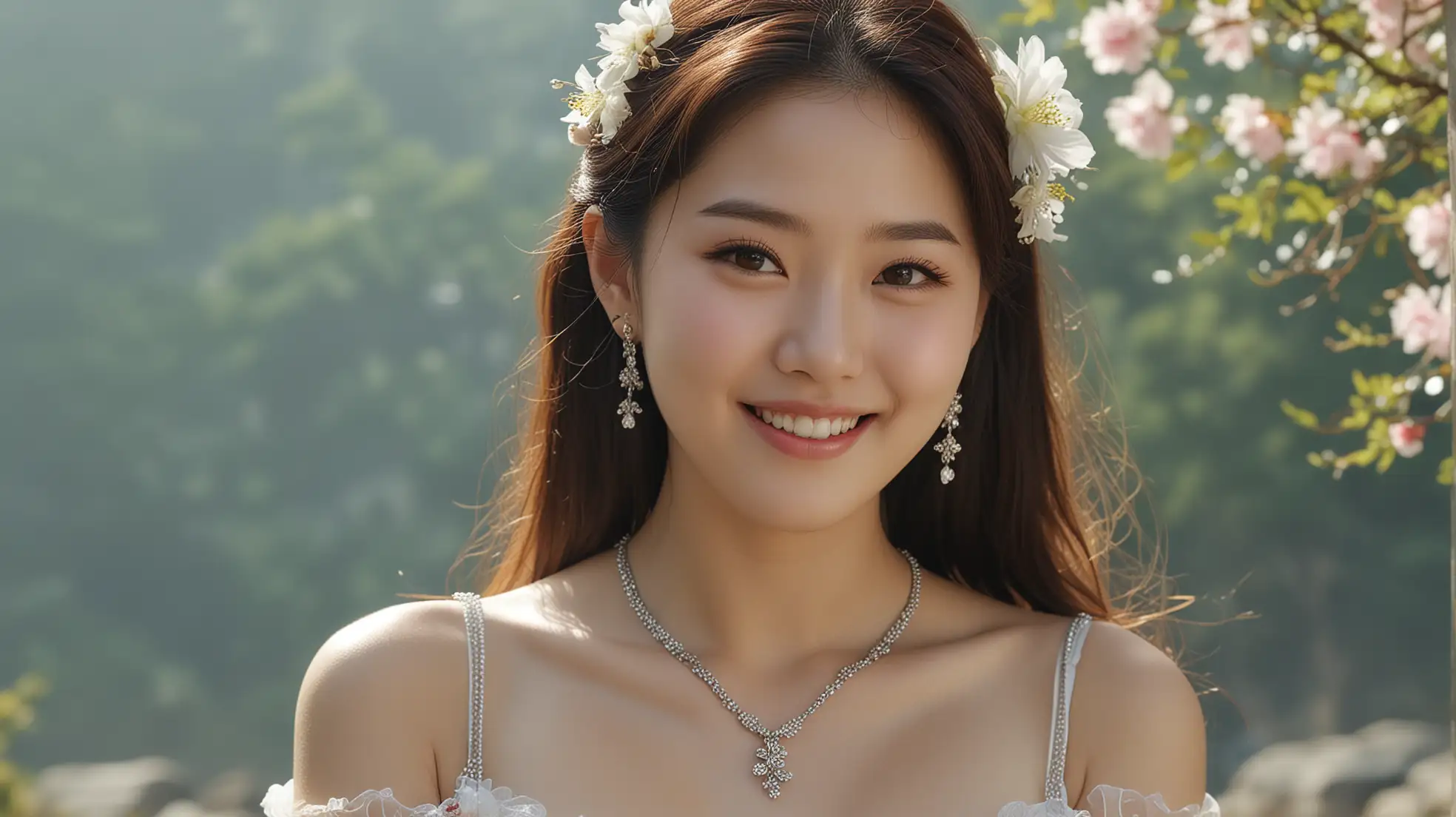 Korean-Girl-in-Transparent-Dress-with-Flower-Jewelry-Outdoors