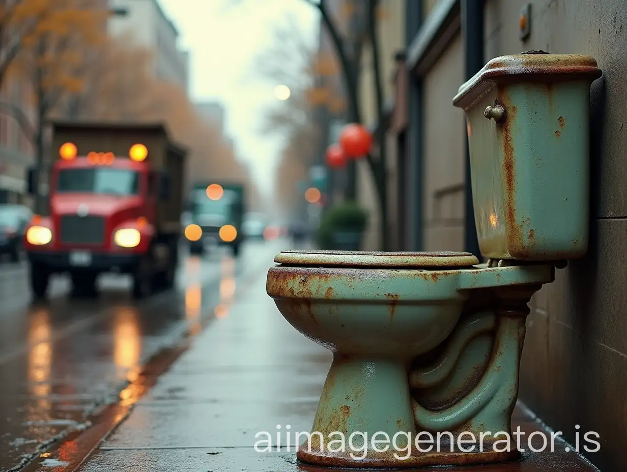 An old vintage ceramic toilet bowl with tractor trucks rides down a city street on an autumn rainy morning