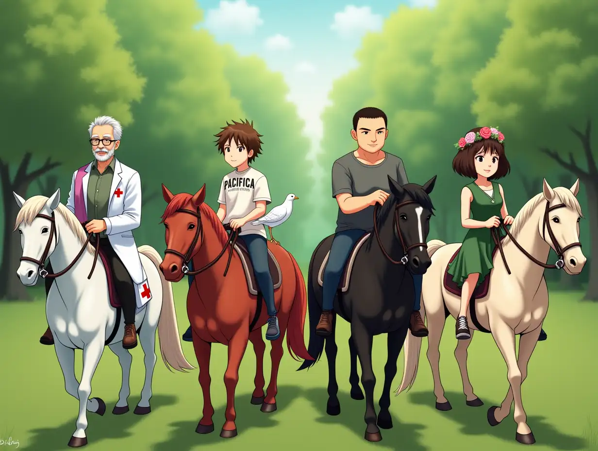 Background - green spring forest. Four riders from left to right. The first rider, an elderly man with glasses and a beard on a white horse in a white medical coat with a medical bag on a strap with a red cross. The second rider, a young intelligent-looking boy on a red horse, the boy's t-shirt features a large emblem of pacifica, and a white dove sits on the boy's shoulder. The third rider on a black horse, a chubby man in a shirt. The fourth rider, a nice young woman in a green dress and a wreath of roses on a pale horse.