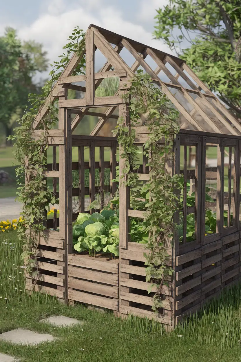 Wide shot, charming pallet greenhouse in a lush garden setting. The greenhouse is constructed entirely of wooden pallets, creating a rustic, farmhouse aesthetic. Climbing plants are adorning the sides, and vegetables are growing abundantly inside. Soft, diffused daylight, creating a peaceful and serene atmosphere.  Photorealistic, detailed, natural wood texture, sustainable gardening, DIY greenhouse.