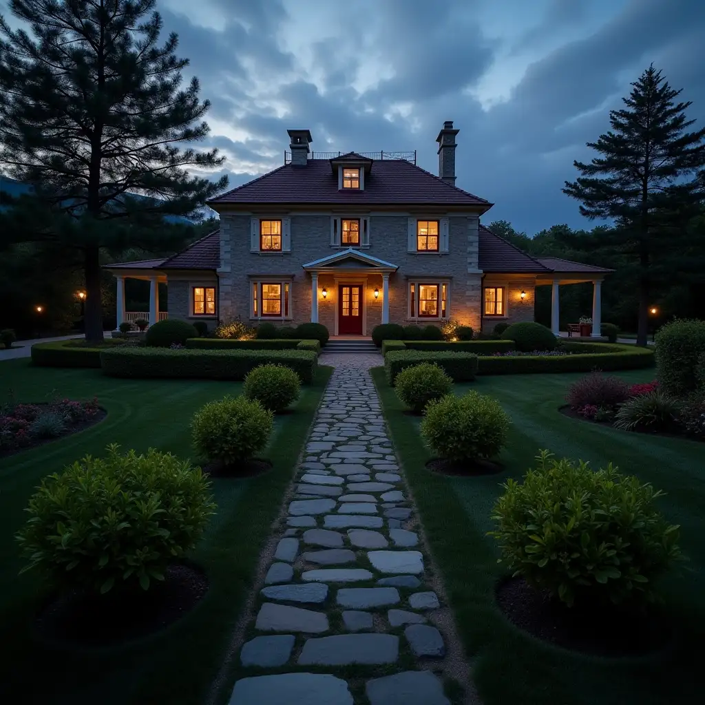 A beautiful mansion, surrounded by a lush garden, dusk, panoramic vies