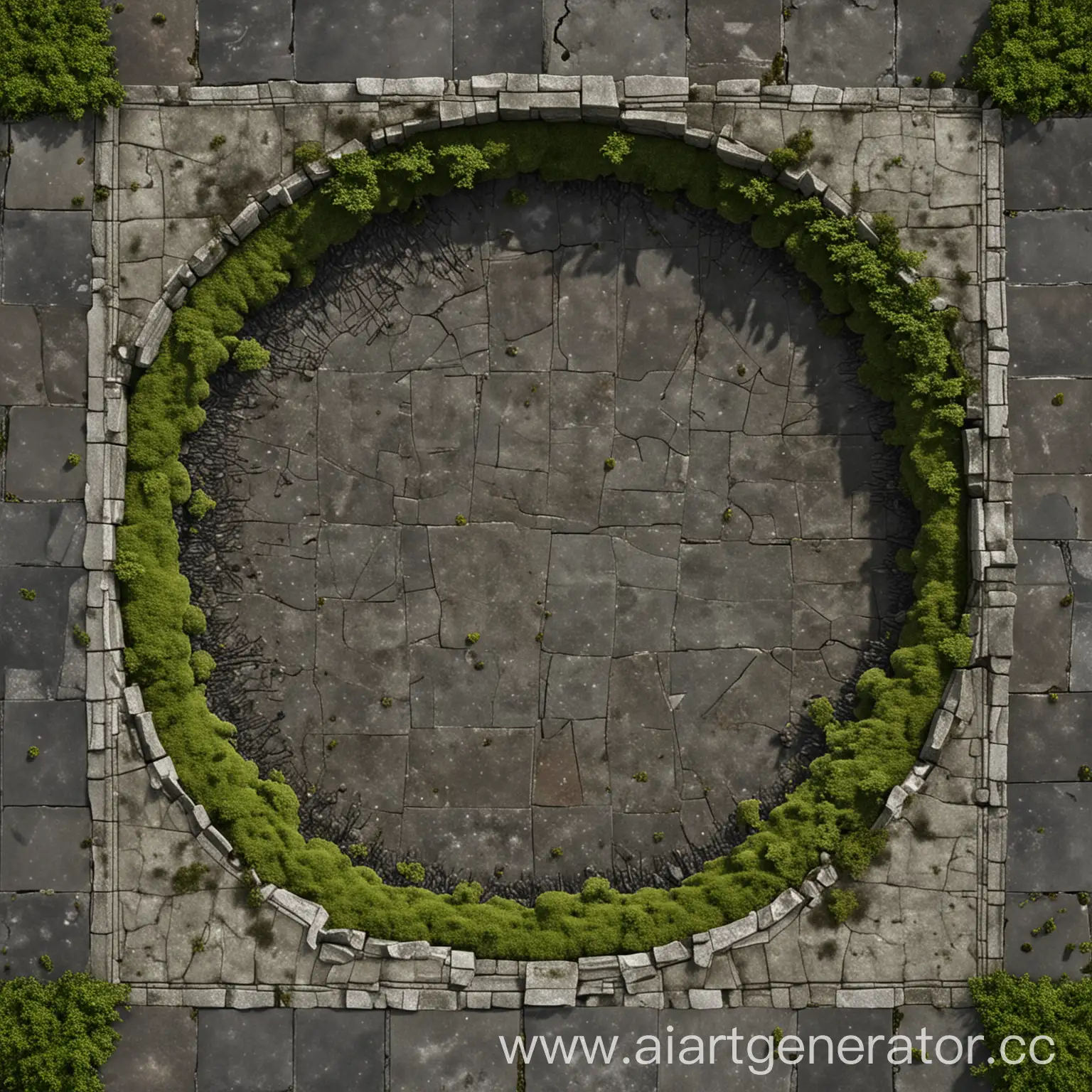 Generate an image of an ancient techno-mage city square, composed of dark grey tiles with a small amount of green moss growing between them. The tiles should be small and irregularly shaped. In the center of the square, depict an old crater with dry, cracked earth, as if water had once filled it but has since evaporated. The crater should be viewed from directly above, with the tiles surrounding it in a circular pattern.