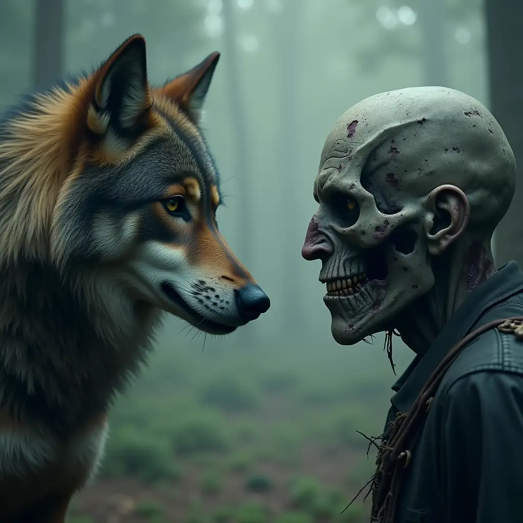 A wolf and a zombie, facing, facing, looking at each other.