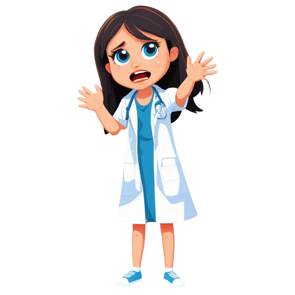 Cartoon-Illustration-Crying-and-Frightened-Girl-in-Doctor-Costume-Stained-with-Blood-PNG