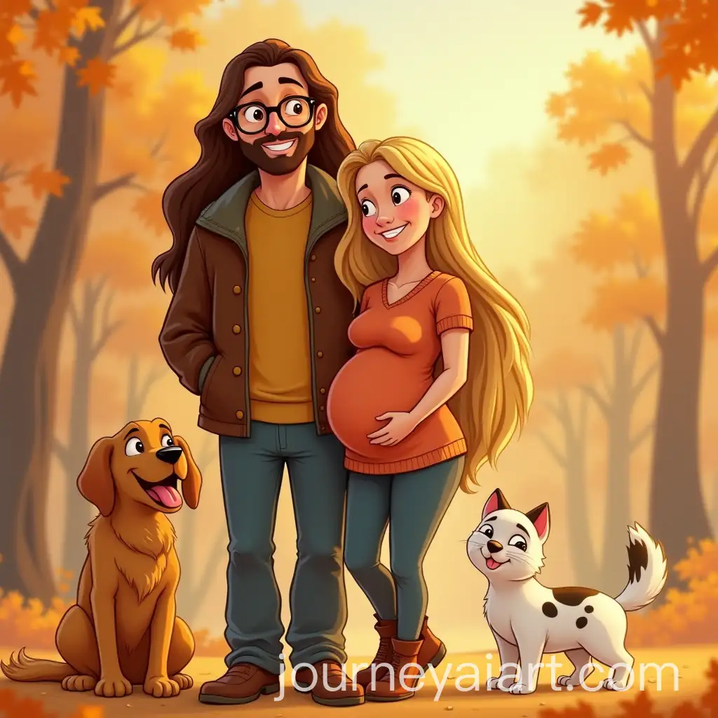 Pregnant-Woman-and-Man-with-Pets-in-Autumn-Disney-Style