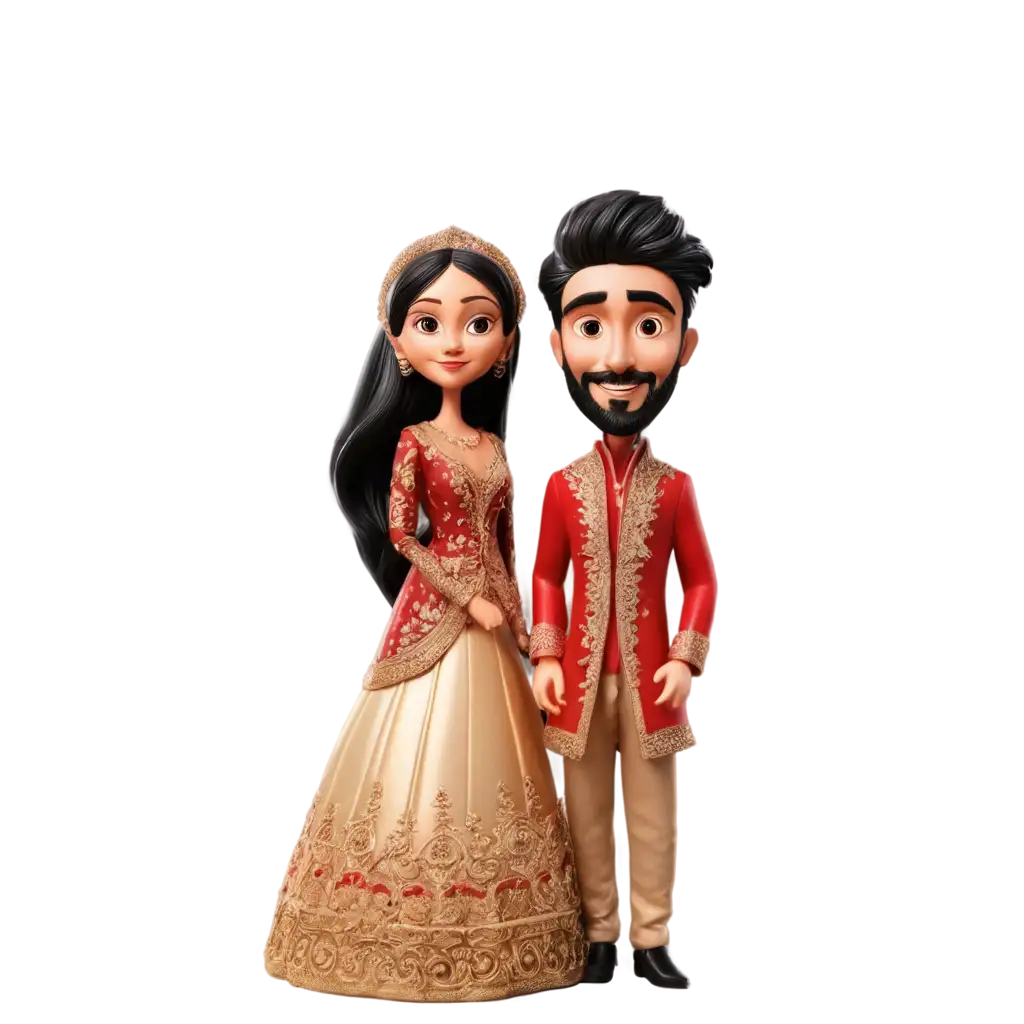 Full-Animated-Cartoonic-Miniatures-PNG-Image-of-Two-Wedding-Couples-Bride-in-Red-and-Groom-in-Black-and-Golden-Sherwani