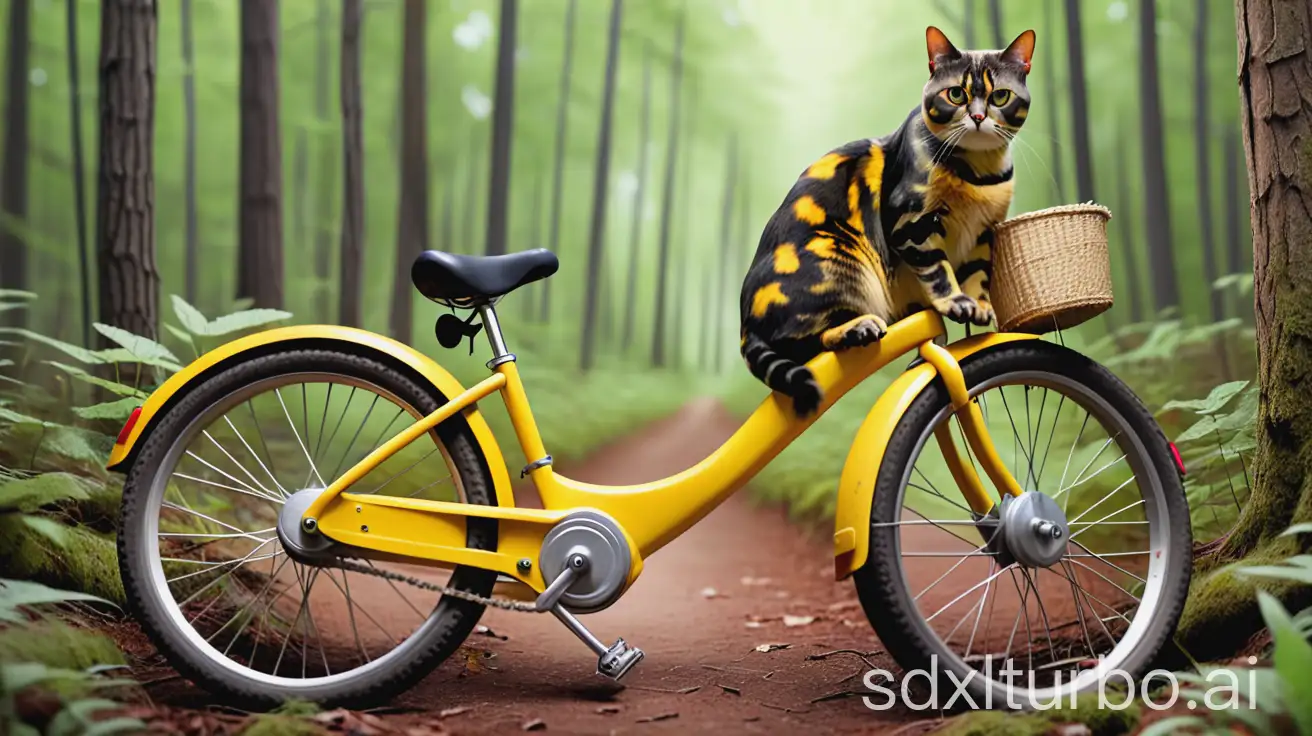 Tortoiseshell-Cat-Riding-a-Yellow-Bike-Through-a-Forest