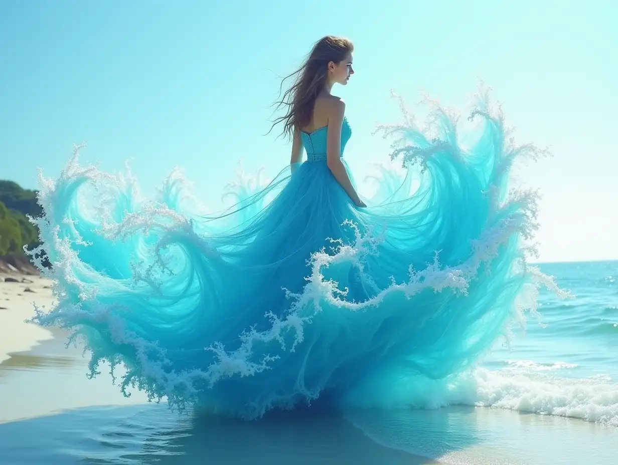 A stunning and surreal image of a girl wearing an intricate aqua dress made entirely of water waves, creating a mesmerizing and visually stunning effect. The girl is shown in a graceful pose on the seashore, and the water appears to flow out in a dramatic fan-like shape. This image can be created using the following vector. Woman in an elaborate aqua dress made entirely of water waves, by Dmitry Kostanovich, Photoshop, Felicia Semyon, UHD image, Ekaterina Panikanova, Shiny and sparkling, HDR, Dynamic mode, 32kb, Sharp focus, Illustration. by Sasan.