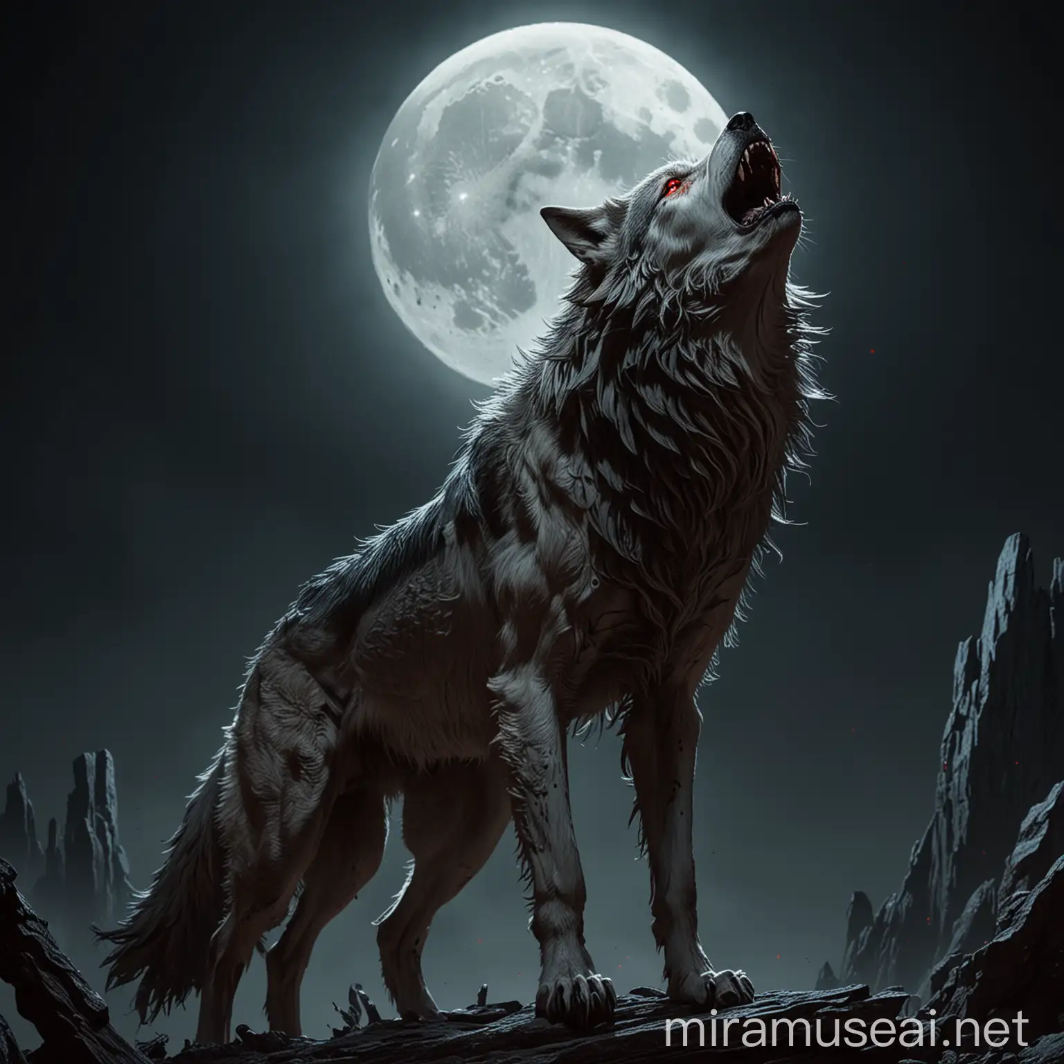 Wild Nature Wolf with Predatory Eyes in Moonlit Darkness