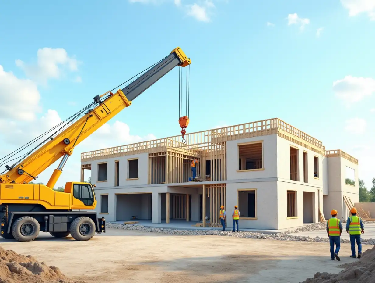 Construction-Scene-with-Yellow-Crane-Lifting-Materials