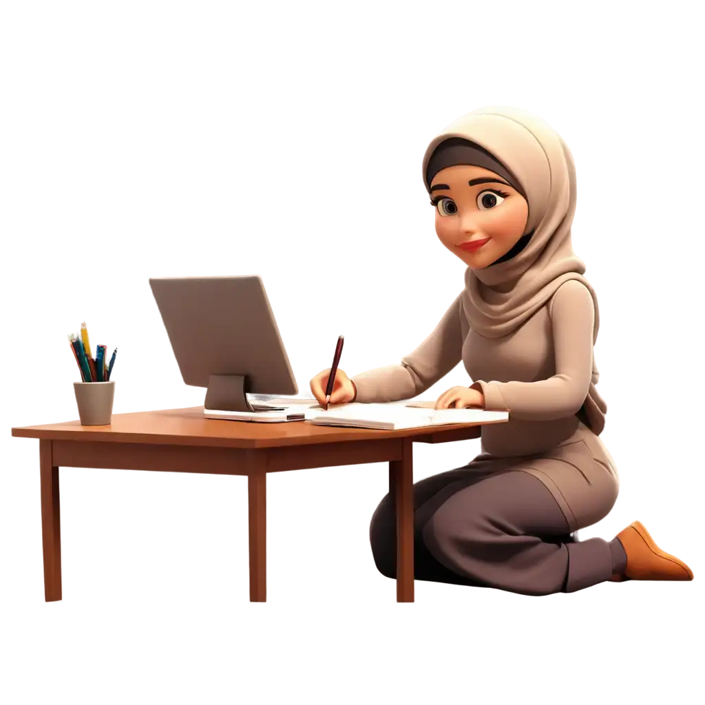 Muslim-Woman-Writing-Hobby-PNG-Image-Cartoon-Style-Animation