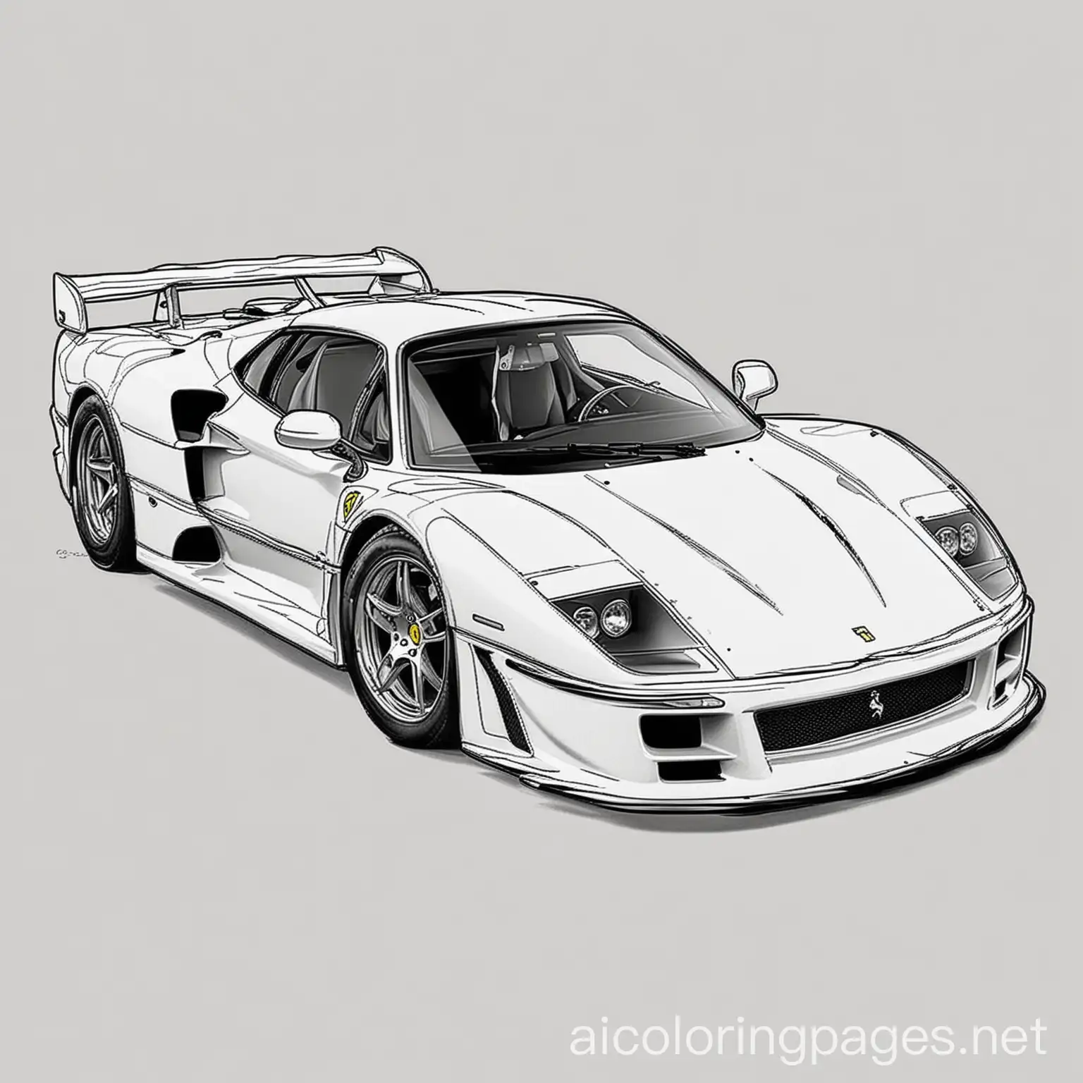 Ferrari f40 line art coloring page, Coloring Page, black and white, line art, white background, Simplicity, Ample White Space. The background of the coloring page is plain white to make it easy for young children to color within the lines. The outlines of all the subjects are easy to distinguish, making it simple for kids to color without too much difficulty