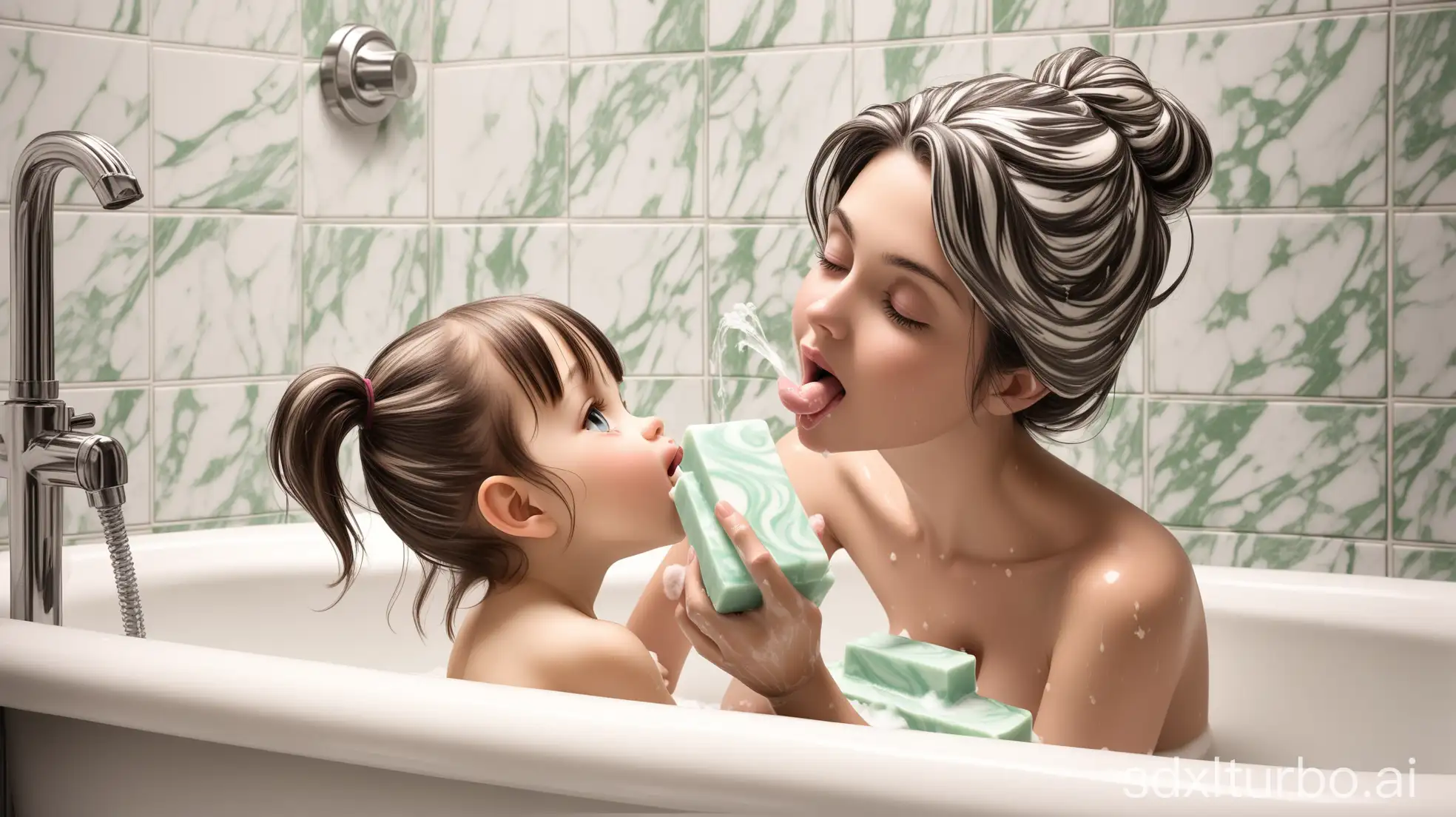 Mother-and-Daughters-Playfully-Washing-Hair-in-Bathtub