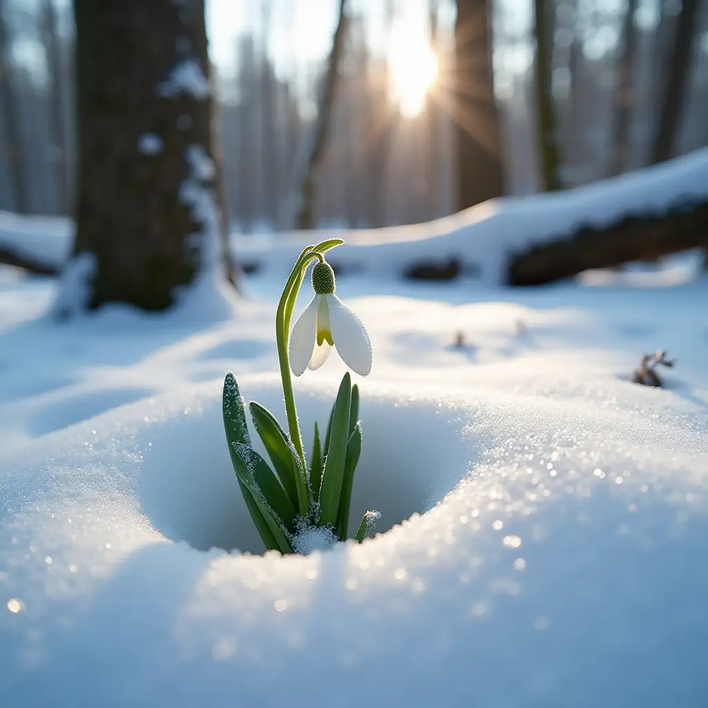 Close-up. A single snowdrop covered in frost is located in a snowy forest. Macro shot. The flower is pure white, with a bright yellow center. Its delicate petals are slightly curved downwards, translucent in the sunlight, and the flower itself is slightly tilted towards the viewer. Bright, fresh green foliage appears from under the snow, surrounding and supporting the flower. The snow is a pristine white with subtle shadows indicating sunlight filtering through the firs and pines. The sun's rays can be seen piercing the forest canopy, creating a bright and luminous atmosphere. In the background, part of a fallen tree trunk is visible, covered in snow. The trunks of the standing pines and oaks in the background are muted brown, contrasting with the bright snow and flower. The perspective is slightly tilted downwards, focusing on the snowdrop, and the overall composition is symmetrical. The scene conveys the feeling of the gentle arrival of spring in a winter wonderland. A calm and peaceful atmosphere permeates the image. Shot on Phase ONE XF IQ4