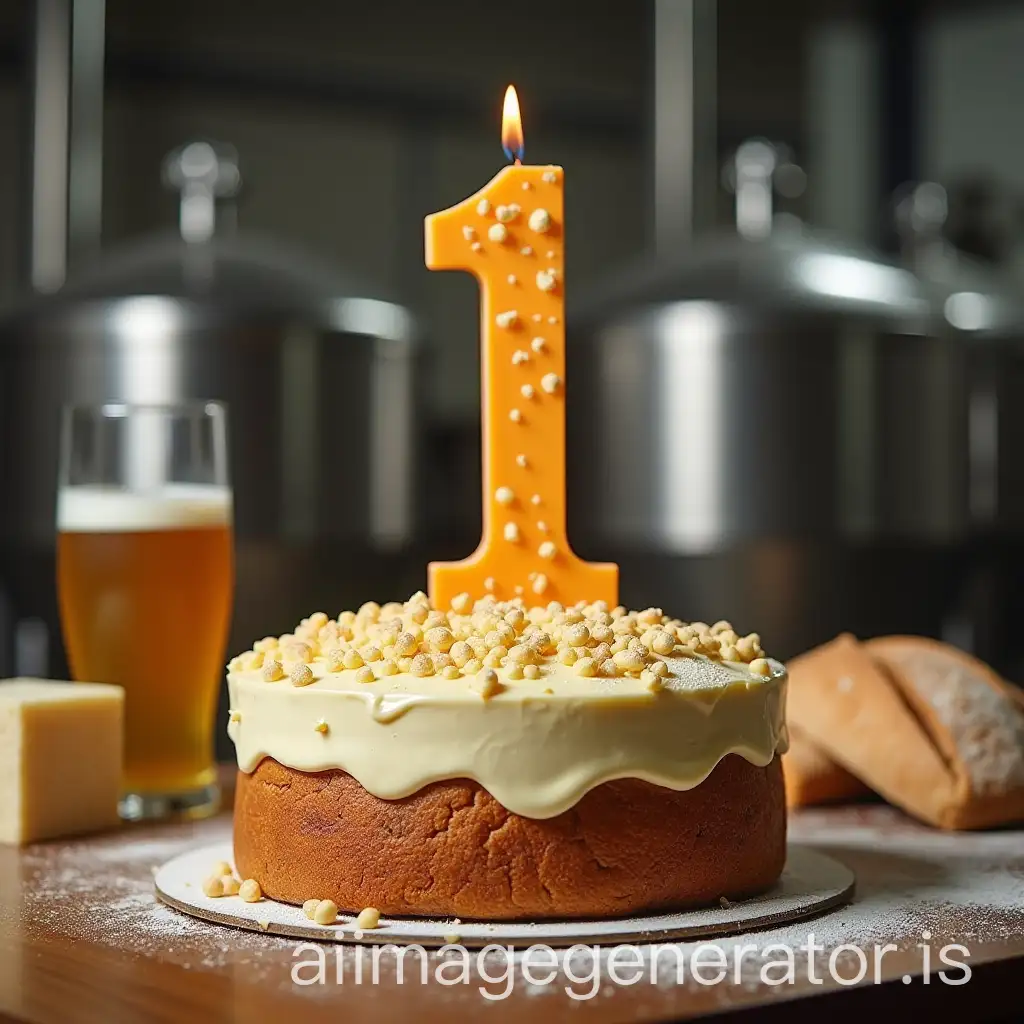 Birthday-Cake-with-Number-1-Surrounded-by-Bread-Beer-and-Fresh-Yeast-in-Industrial-Setting