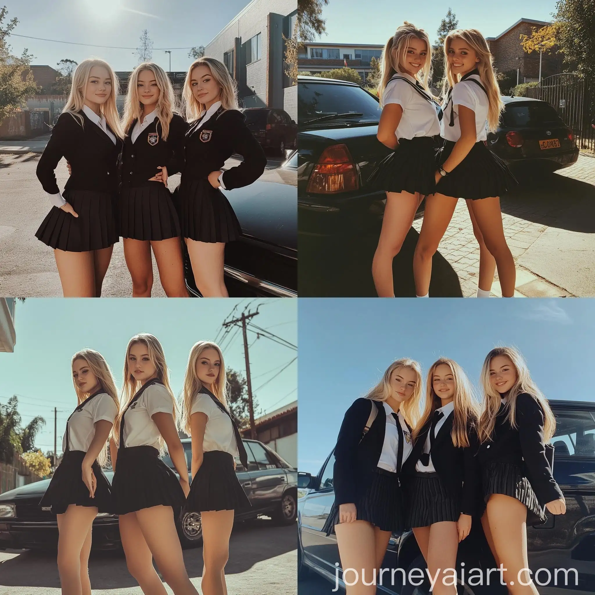 Three-Women-in-School-Girl-Uniforms-Posing-on-a-Sunny-Day-Near-a-Car