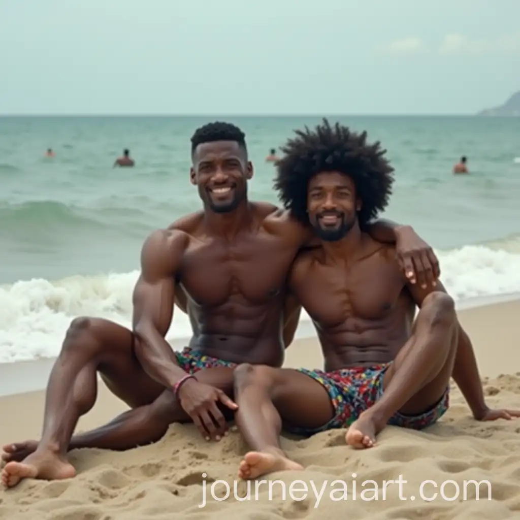 Muscular-Bodybuilder-Relaxing-with-AfroHaired-Friend-on-Beach