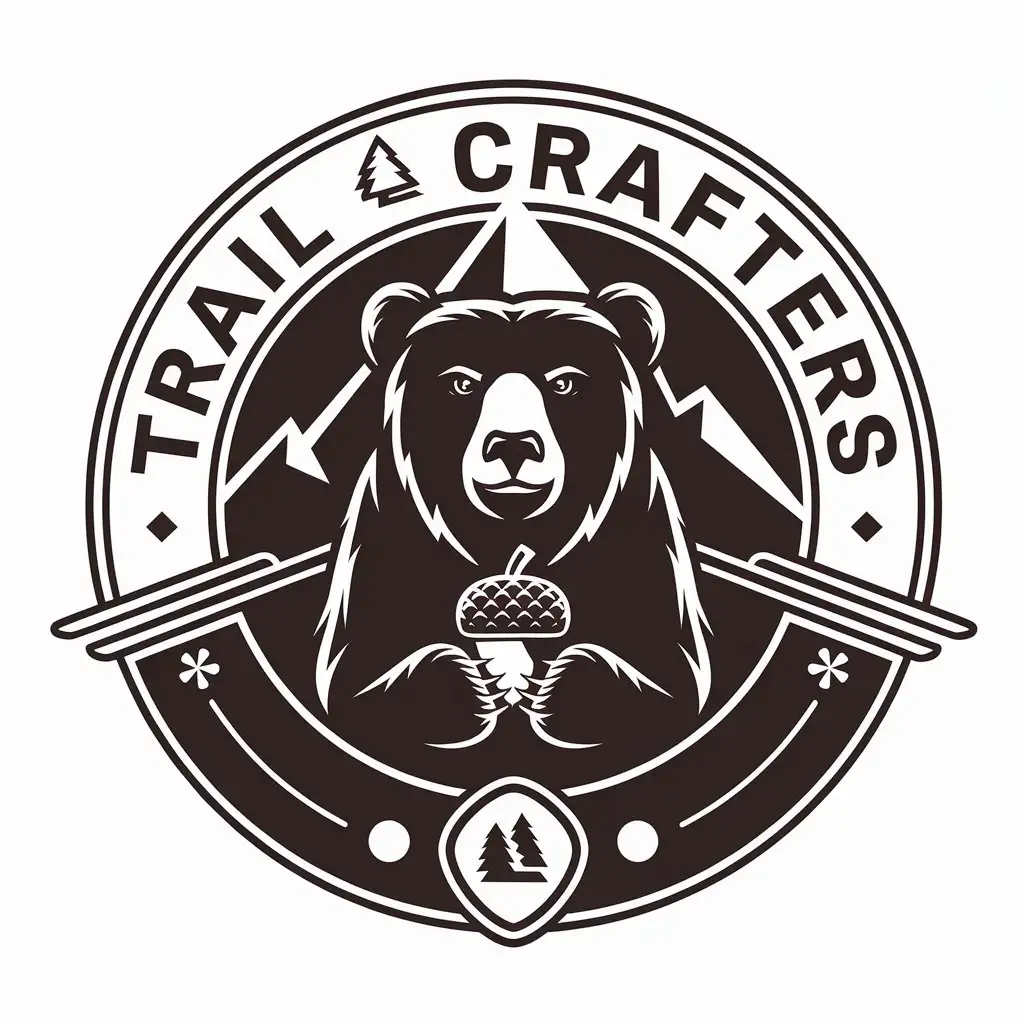 LOGO Design for Trail Crafters Bear Holding Acorn with Mountain Symbol for Retail Industry