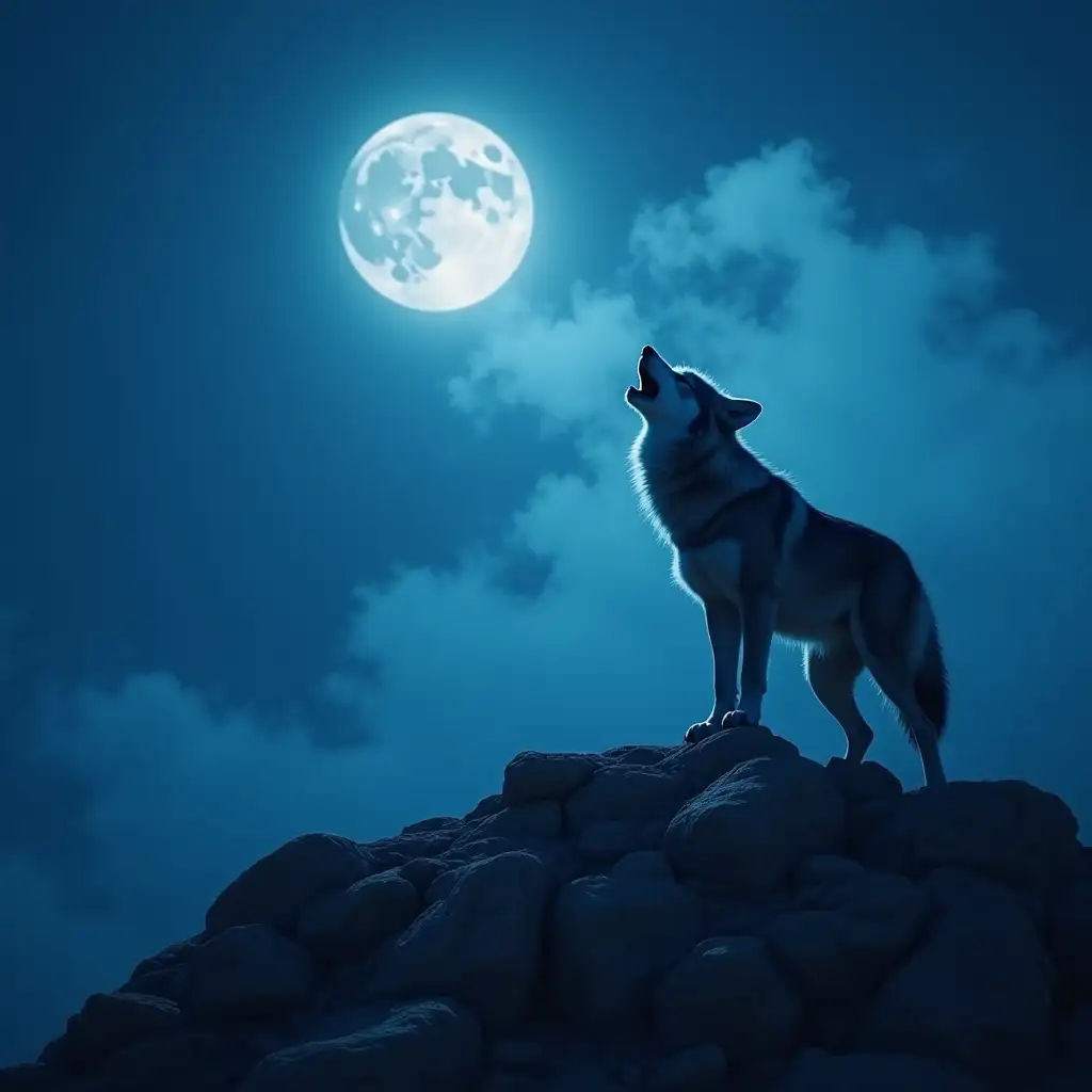 A werewolf howls at the full moon, the light is blueish, it's on top of a rocky mountain