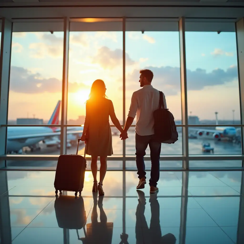 A COUPLE TRAVELING IN THE AIRPORT