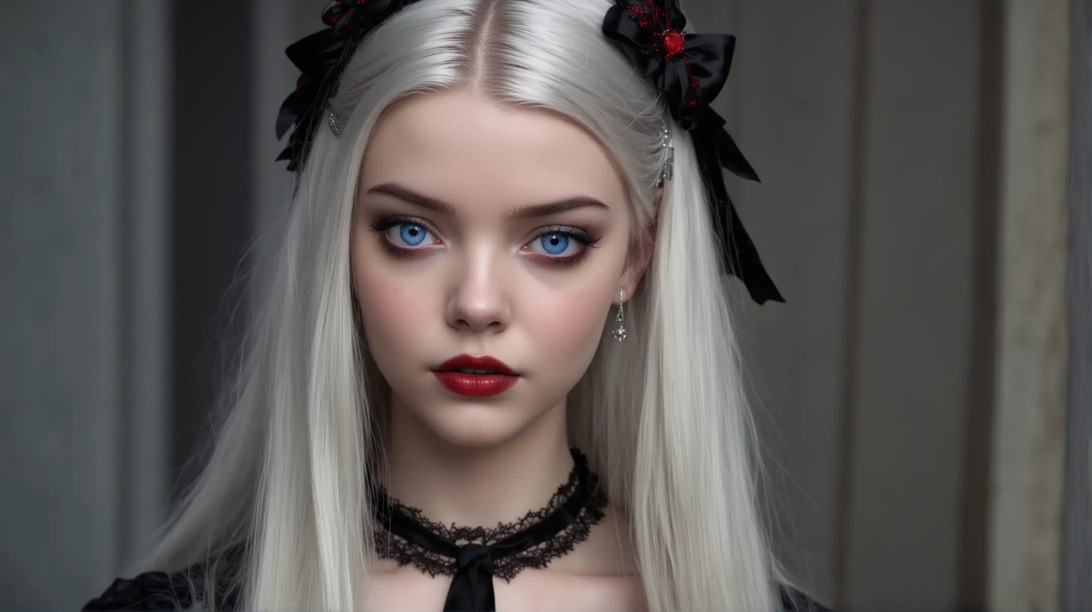 Gothic Vampire Girl with Silver Hair and Heterochromia Eyes in Black Attire