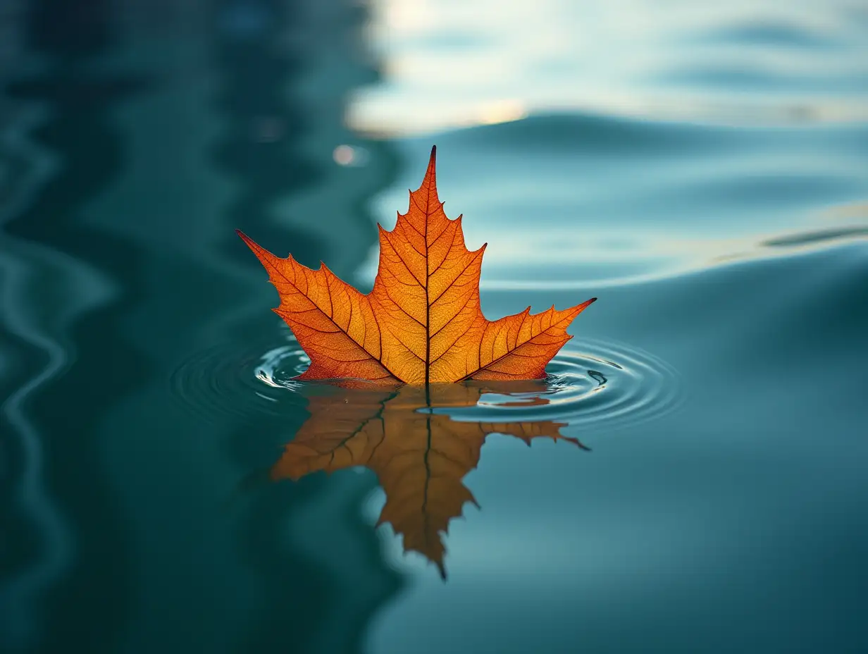 Hyperrealistic Reflection of Skyscraper Windows on Water with Floating Leaf