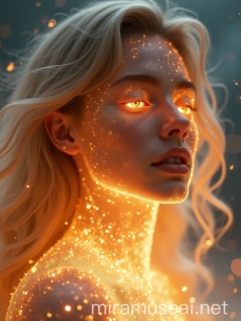 Glowing Woman with Crystallike Skin and Liquid Metal Hair