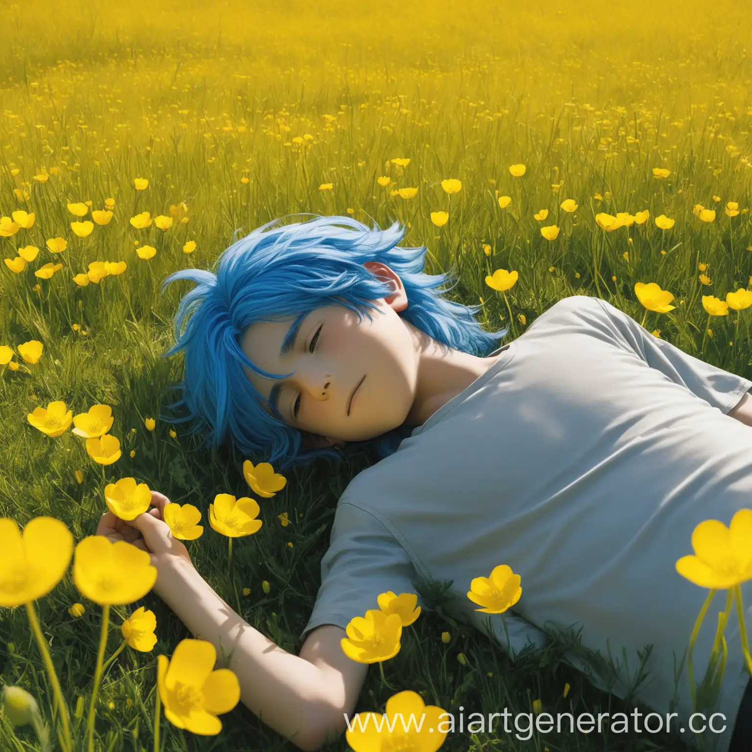 Boy-with-Long-Blue-Hair-Lying-in-Field-of-Yellow-Buttercups