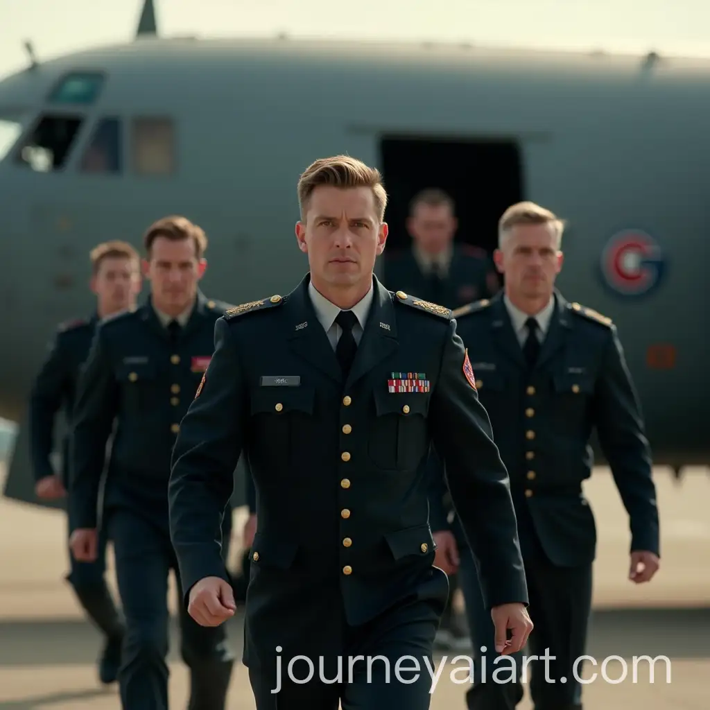 Six-White-Soldiers-in-Black-Military-Uniforms-Exiting-a-Plane-in-Daylight