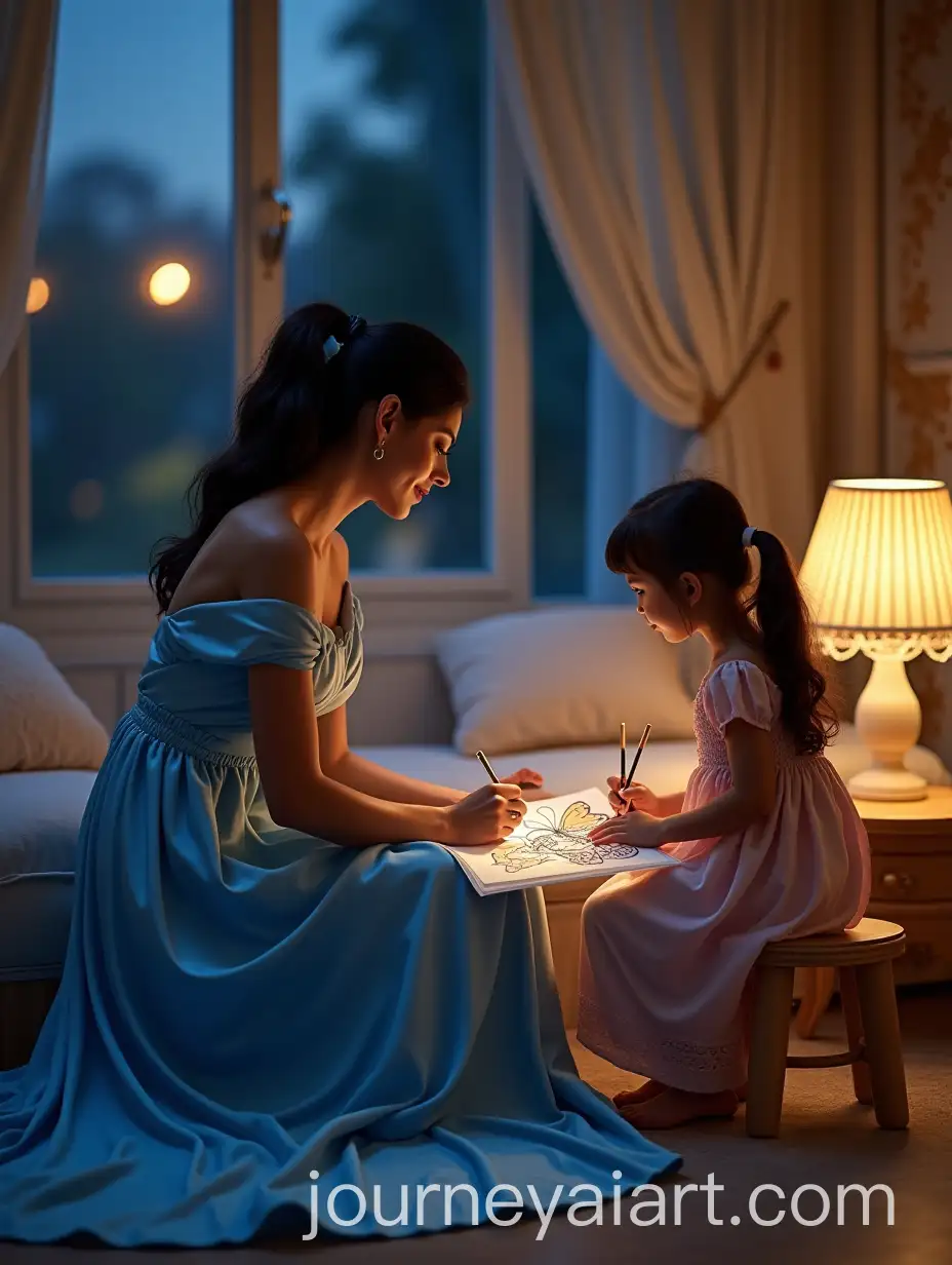Elegant-Woman-and-Child-Coloring-Butterfly-in-Luxurious-Living-Room-at-Night