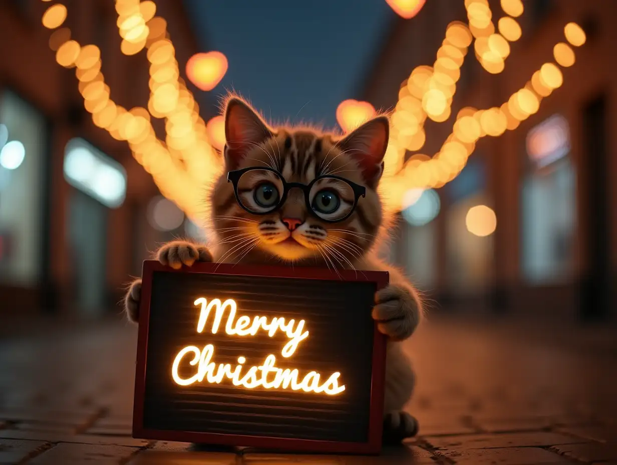 a cute cat with glasses and taking a light board written 'Merry Christmas'. The background is to many christmas lights on the street at night.