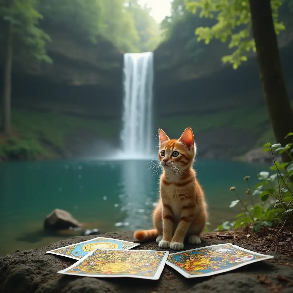 A Bengali kitten sits near the lake and lays out tarot cards. There is a waterfall in the background. There is a dense forest around the lake.style: real