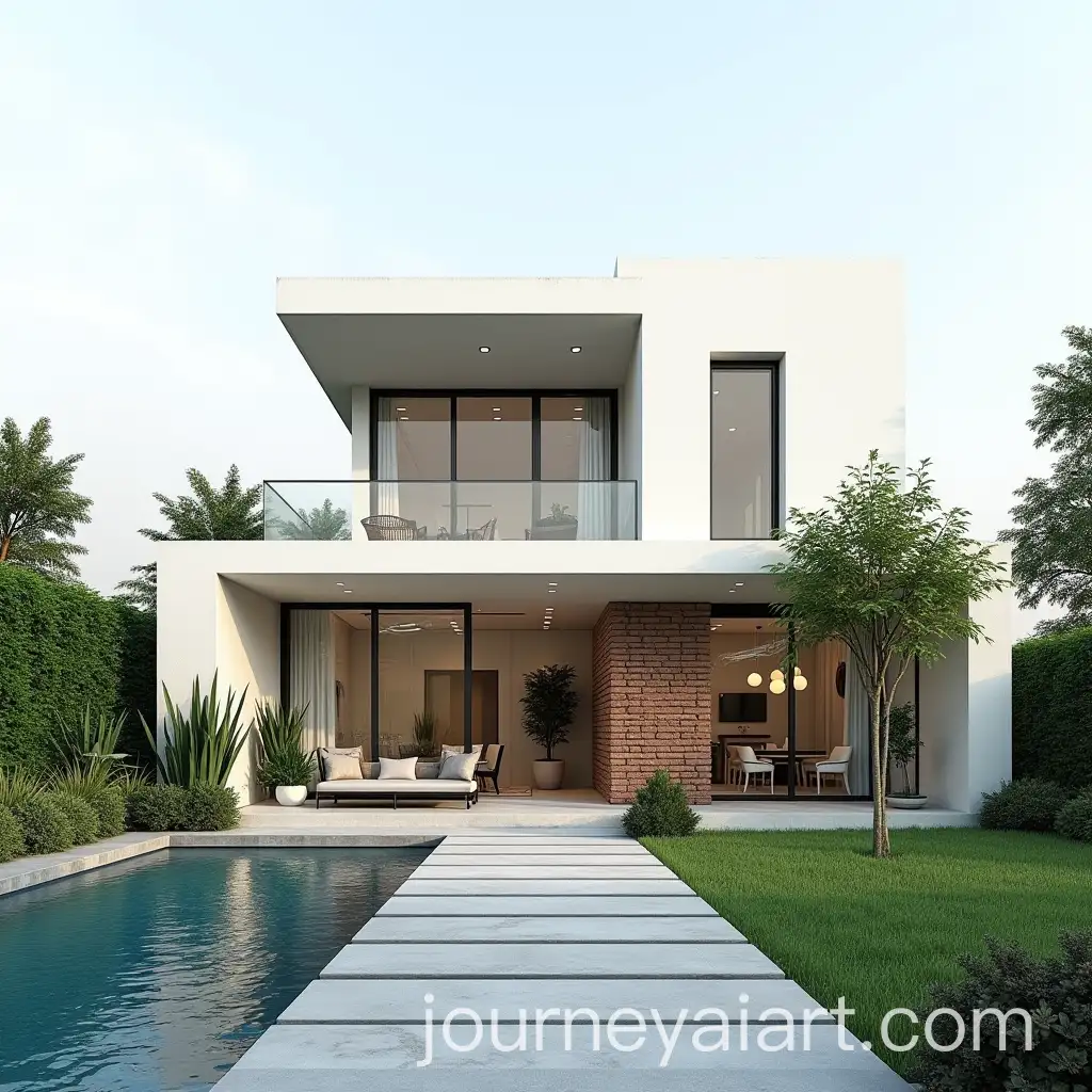 Modern-Small-Villa-Design-with-White-Cement-and-Brick-Green-Yard-and-Pool